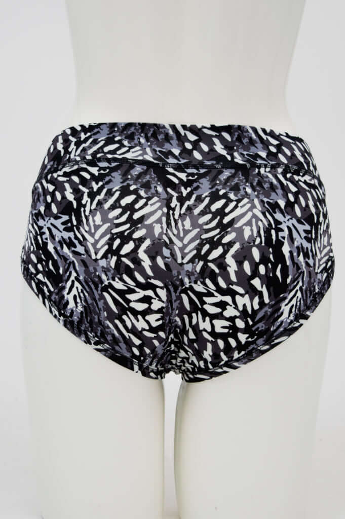 Back view of black and white patterned hipster bamboo underwear on mannequin
