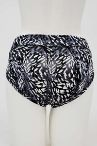 Back view of black and white patterned hipster bamboo underwear on mannequin