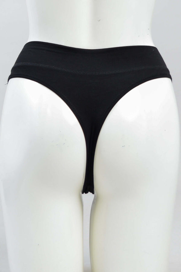 Back view of black bamboo high rise thong underwear on mannequin