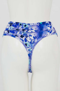 Back view of high rise thong underwear showing thong design and blue floral pattern
