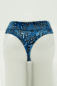 Back view of blue patterned high rise bamboo thong underwear on mannequin