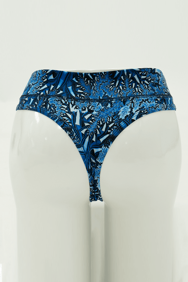 Back view of blue patterned high rise bamboo thong underwear on mannequin
