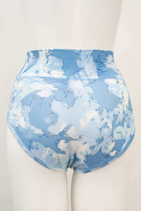 Back view of blue watercolor print high waist brief with full coverage