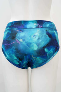 Back view of blue watercolour bamboo hipster underwear on mannequin