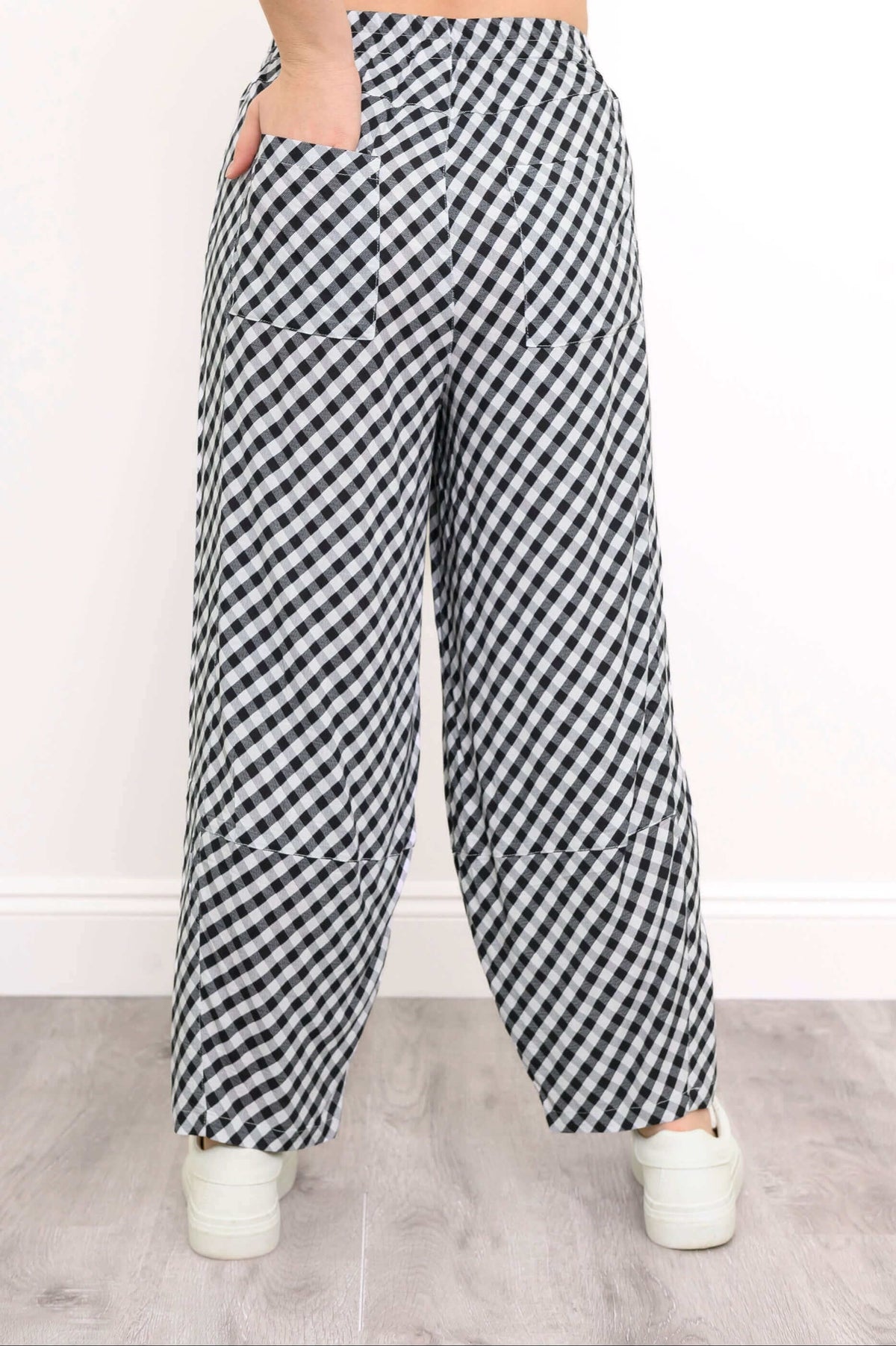 Back view of boardwalk pants highlighting patch pockets and wide cropped leg