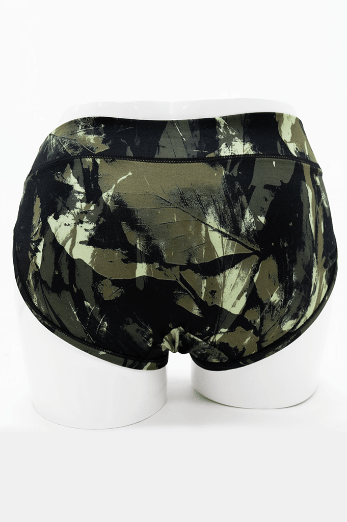 Back view of camouflage bamboo hipster brief on mannequin