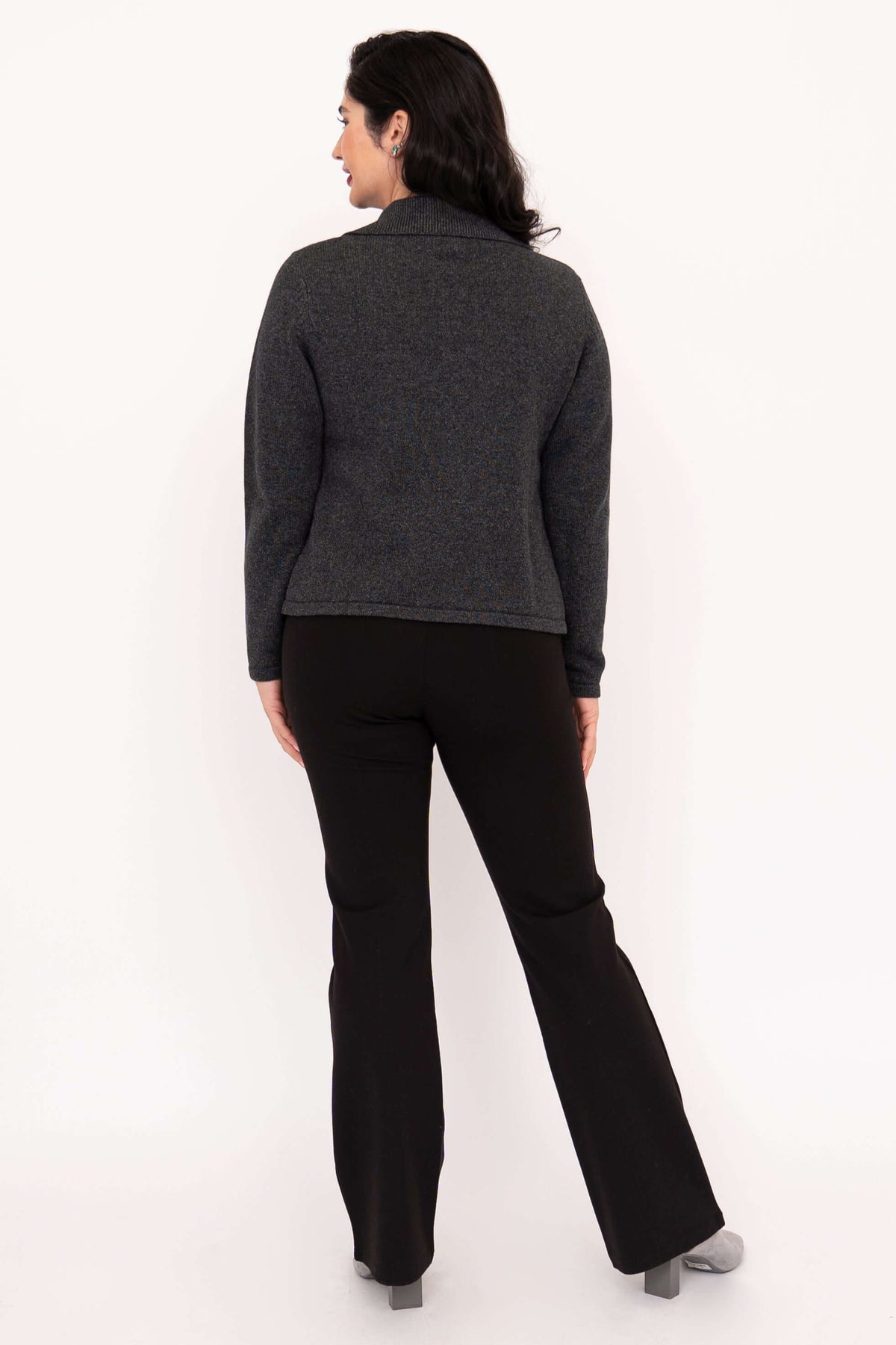 Back view of woman modeling charcoal cardigan sweater