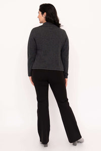 Back view of woman modeling charcoal cardigan sweater