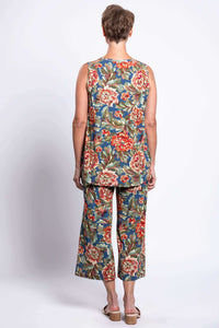 Back view of woman in sleeveless floral peony print tank top and matching pants
