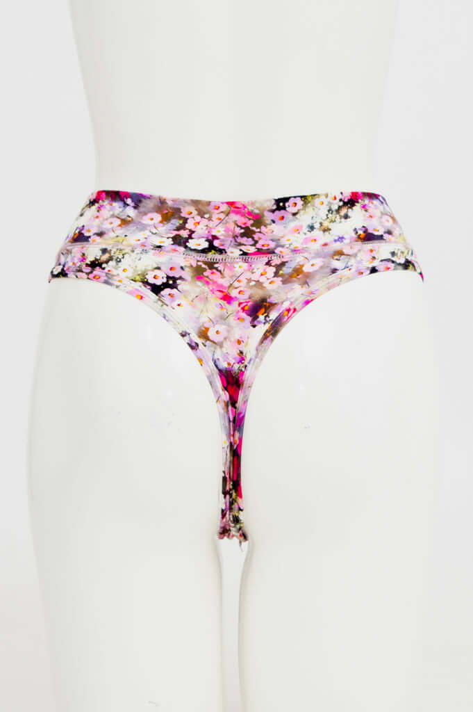 Back view of floral bamboo thong underwear with high rise design