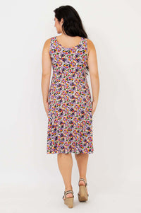 Back view of woman wearing a floral fit and flare dress showing the scoop neckline