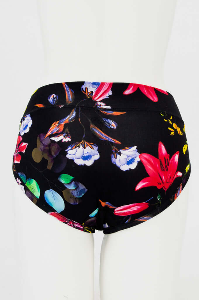 Back view of floral print hipster underwear on mannequin