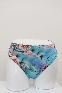 Back view of high-rise thong underwear with blue floral bamboo fabric