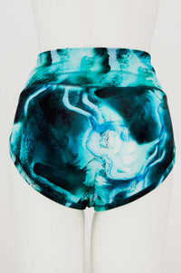 Back view of high-waisted brief with aqua marble pattern on mannequin