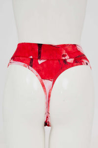 Back view of high rise red bamboo thong underwear with modern abstract design