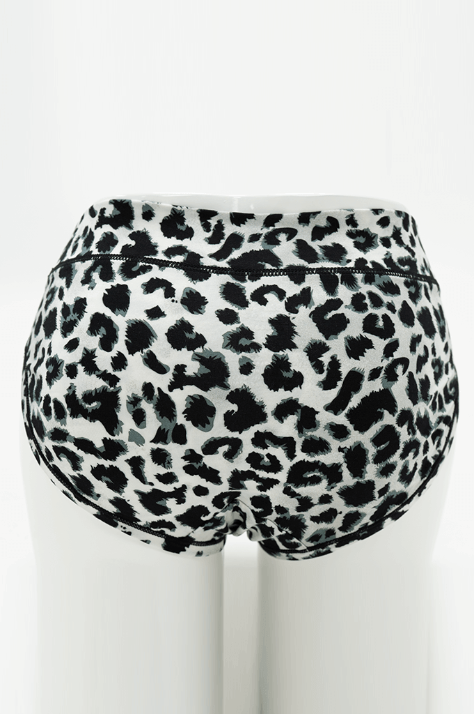 Back view of leopard print bamboo hipster underwear on mannequin