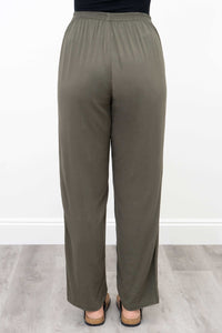 Back view of olive bamboo linen pants with elastic waistband
