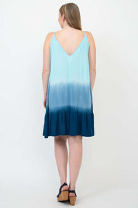 Back view of ombre aqua sundress showing V-back and adjustable straps