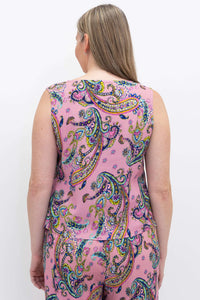 Back view of woman showing pink paisley cropped tank top details