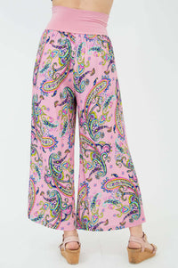 Back view of pink paisley Landon capri pants showing wide waistband