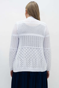 Back view of white pointelle knit cardigan showing pattern detail