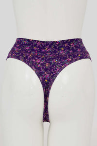 Back view of a high rise purple thong underwear with a floral pattern