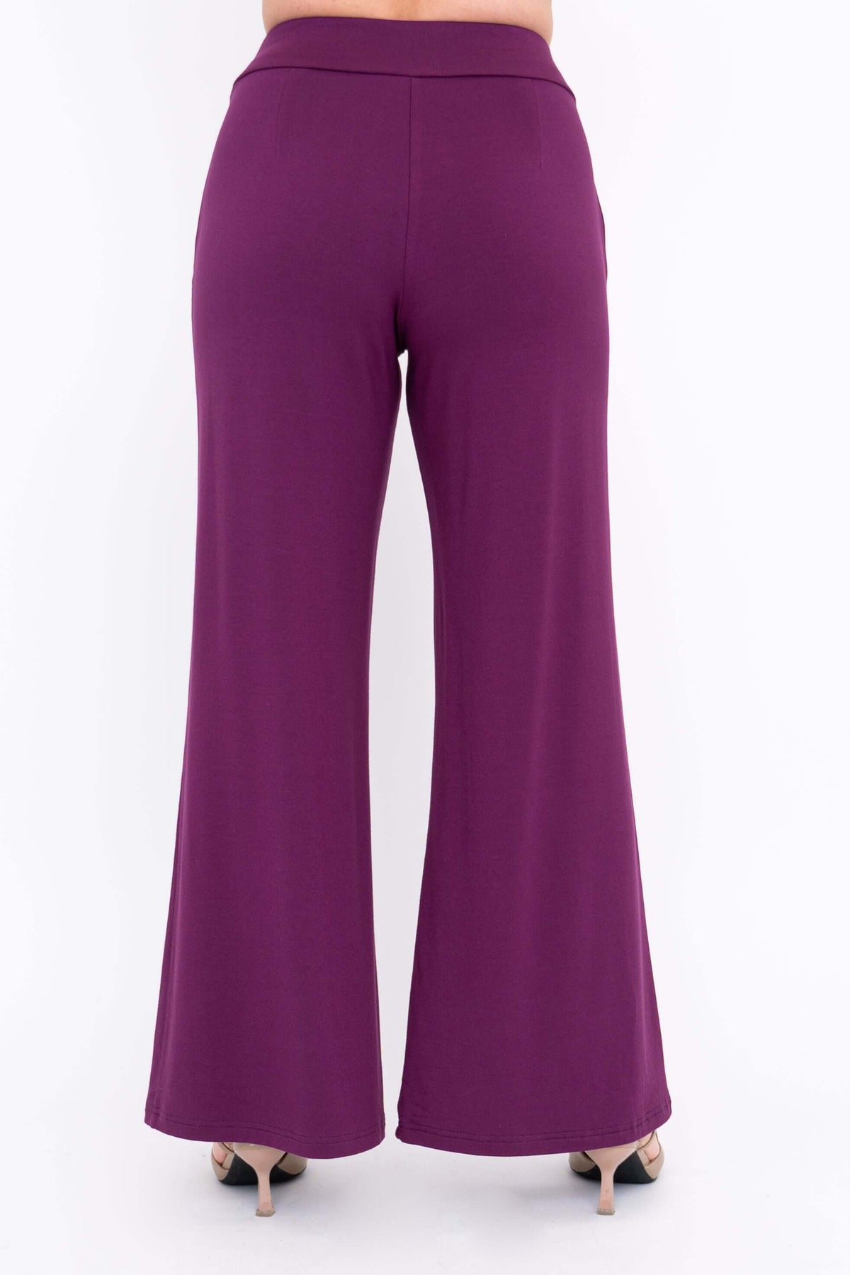 Rear view of purple wide leg bamboo pants showing flattering fit