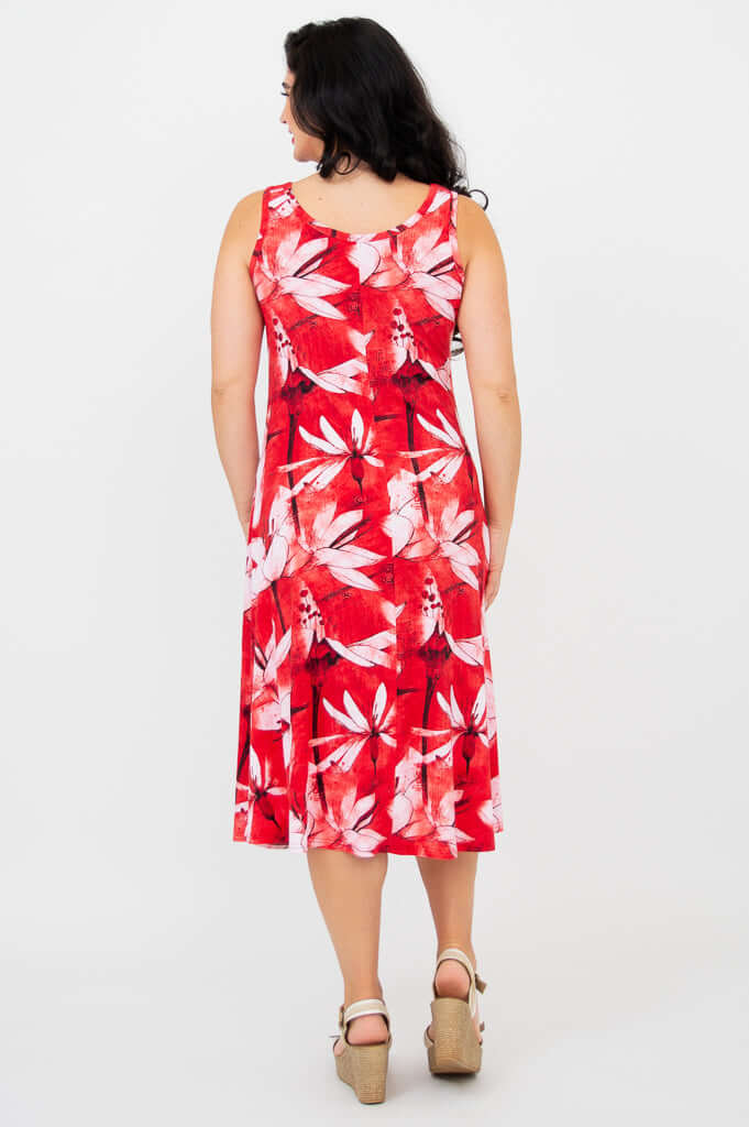 Back view of model wearing red and white floral tank dress