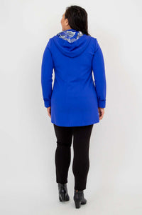 Back view showing hood and seam detail of royal blue Highlands Coat