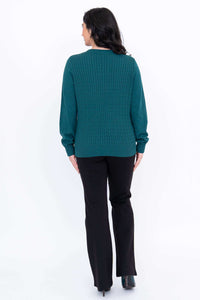 Back view of woman in teal cable knit sweater showcasing the cable detail
