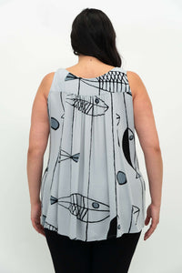 Back view of light blue sleeveless pleated tank top with abstract fish print
