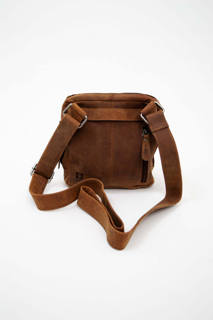 Back view of the vintage brown leather crossbody bag with adjustable strap