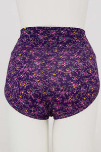 Back view of violet floral high-waisted brief on mannequin
