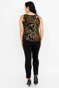Back view of woman wearing safari print rayon tank top with relaxed fit