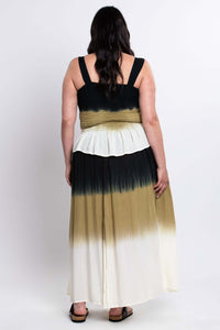 Back view showing the shirred waist detail of the dip dye tank top and skirt
