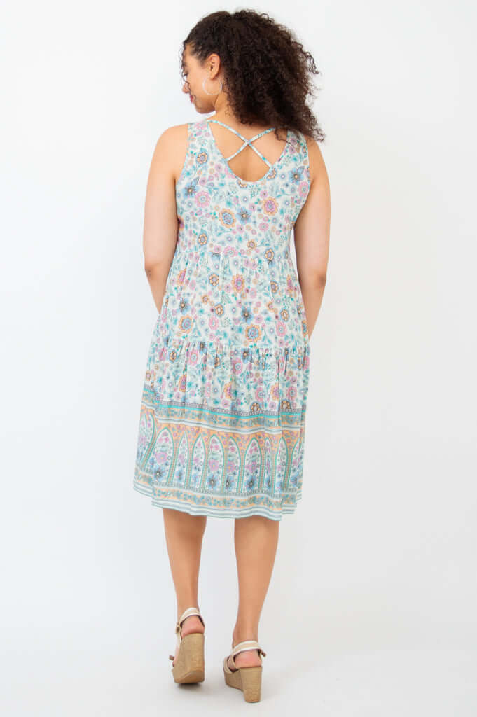 Back view showing criss-cross detail of sleeveless floral tiered dress