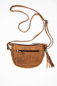 Back view of brown leather crossbody bag showing exterior zipper pocket and logo stamp