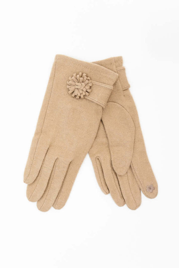 Beige wool gloves with decorative flower detail and touchscreen fingertip