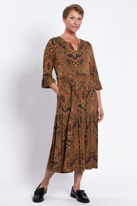 Bernadette Long Dress, Copper Paisley, French Terry