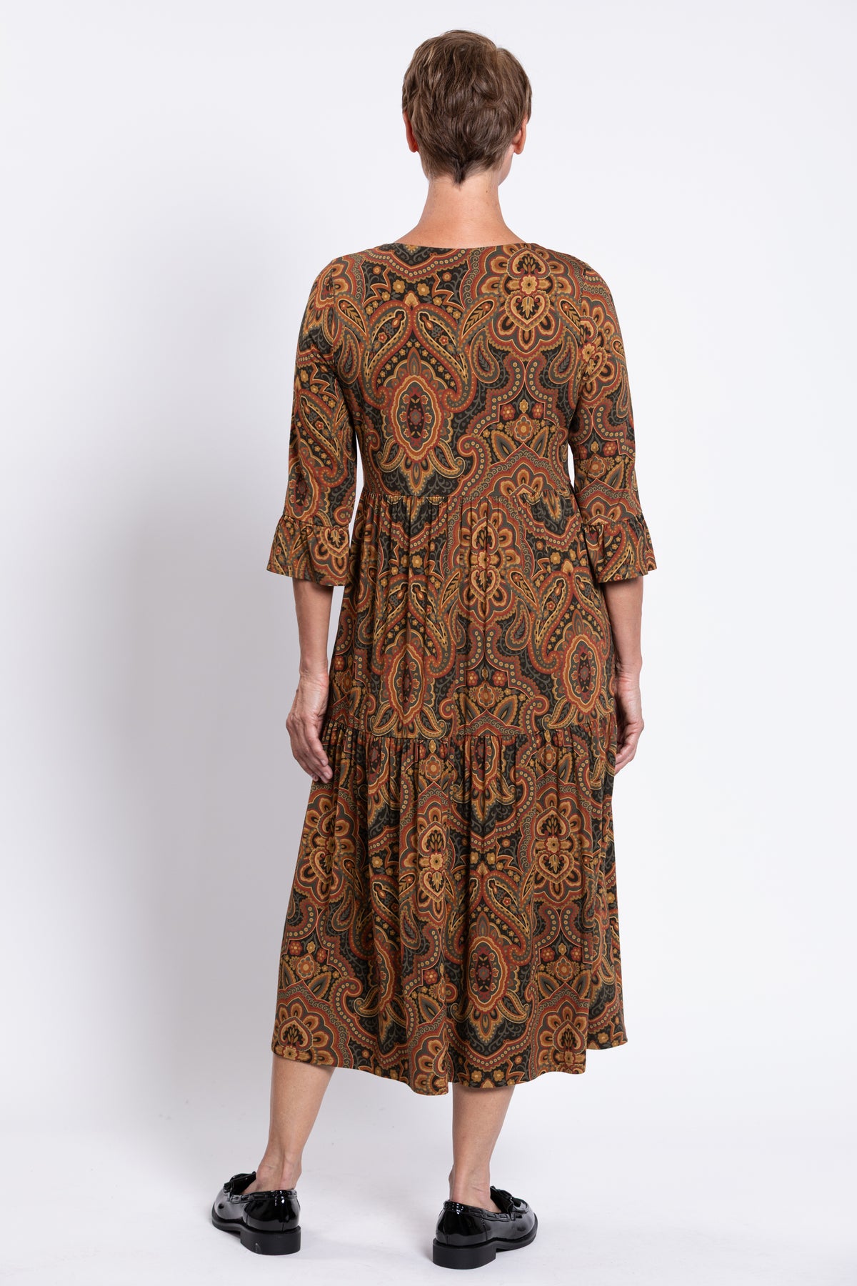 Bernadette Long Dress, Copper Paisley, French Terry