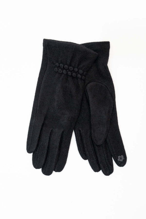 Pair of black wool gloves with decorative stitching and touchscreen finger tip on white background