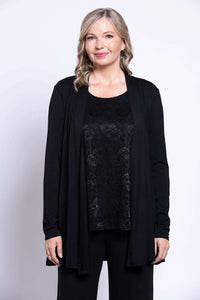 Front view of black lace tank layered under open black cardigan