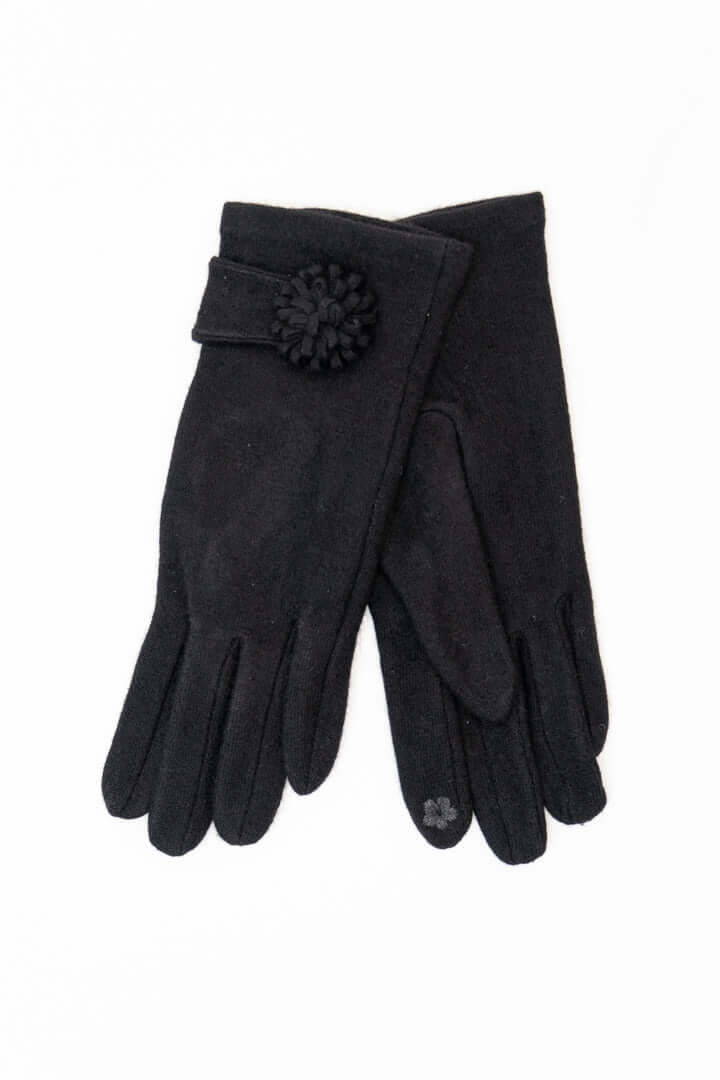 Pair of black wool gloves with a flower detail and touchscreen capability
