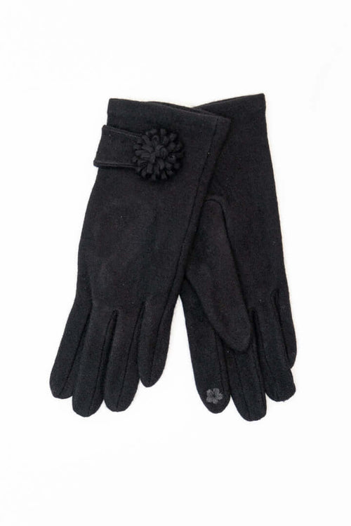 Pair of black wool gloves with a flower detail and touchscreen capability