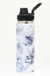 Reusable insulated water bottle with blue floral design and black spout cap