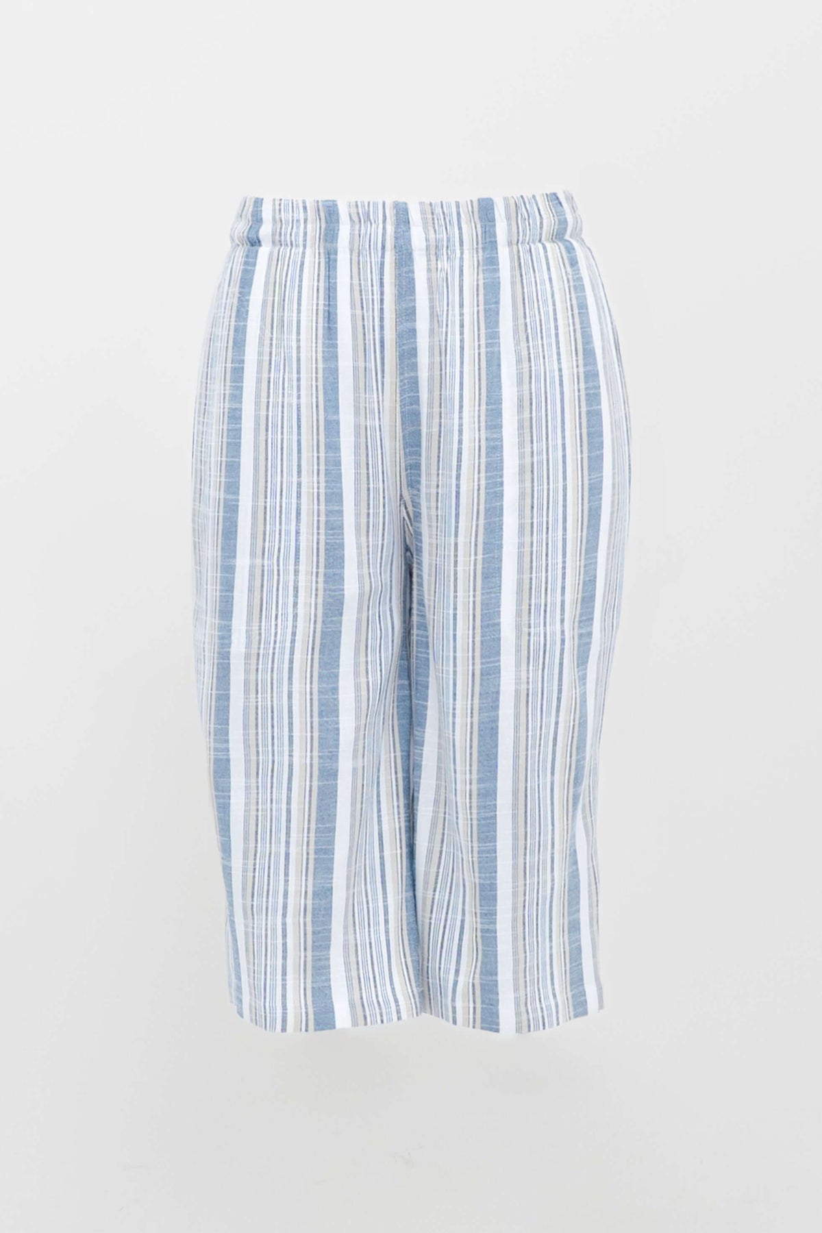 Front view of blue and white striped Bermuda shorts with elastic waist