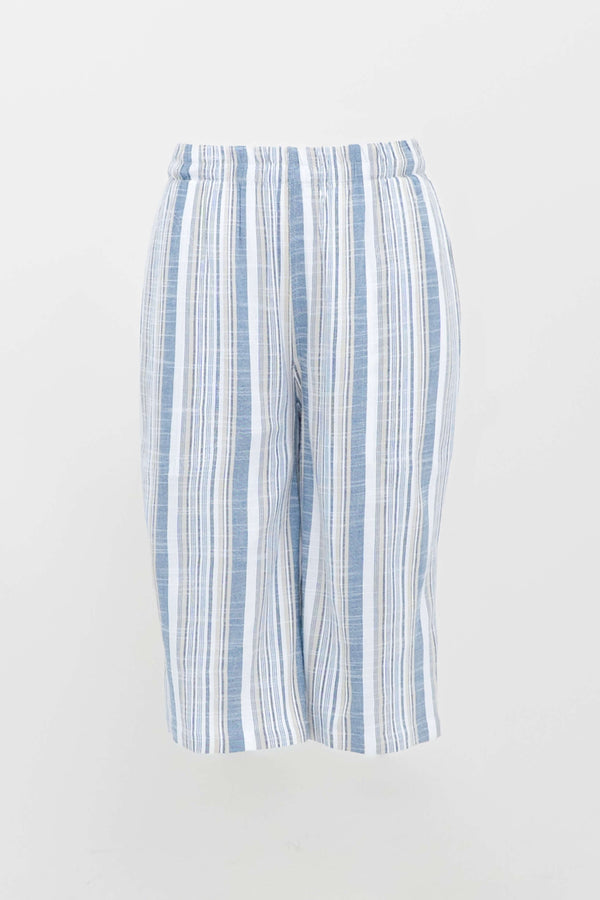 Front view of blue and white striped Bermuda shorts with elastic waist