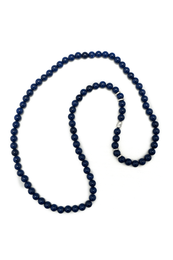 Blue lapis mala necklace with round beads and silver accent spacers