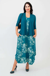 Woman wearing teal floral tank dress styled with matching teal cardigan and purse