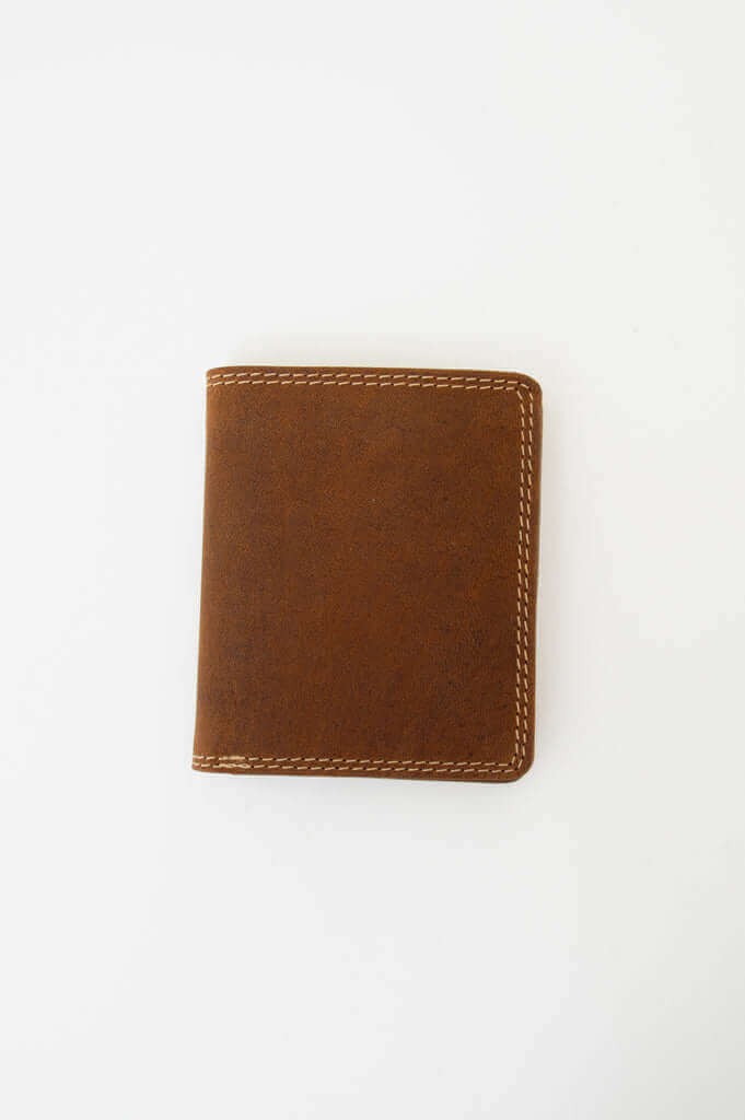 Back view of a brown leather wallet with visible stitching